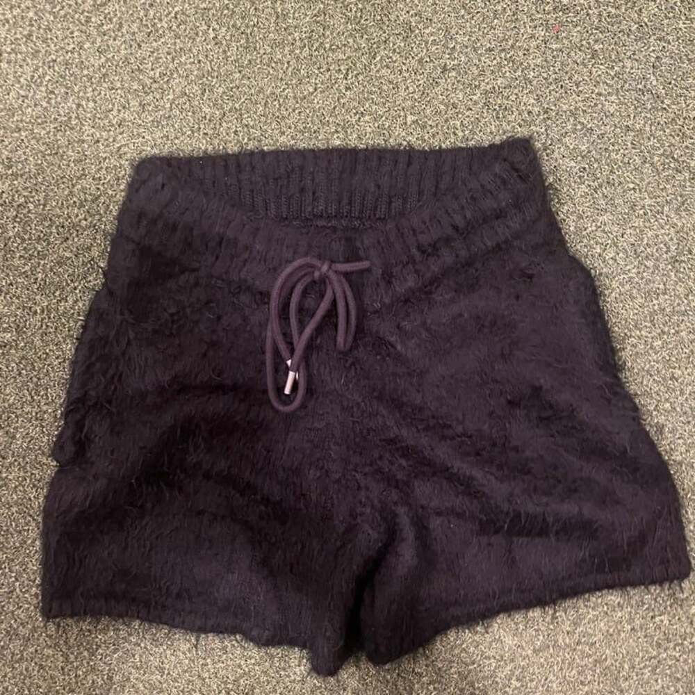 Black Shorts Mnml Fuzzy Sweatshorts - Acrylic Knit With Drawstring